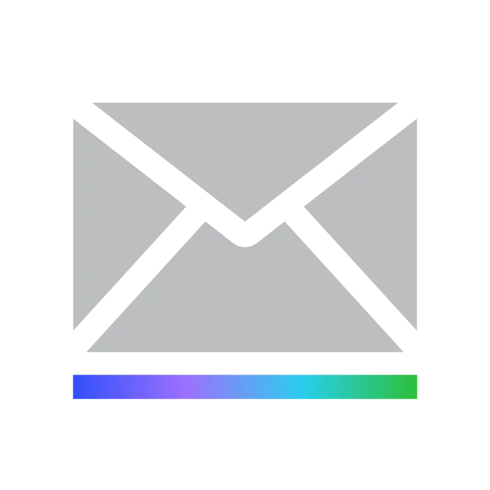 A simple email icon featuring a gray envelope with a gradient bar below it transitioning from blue to green. The icon represents email or messaging functions.