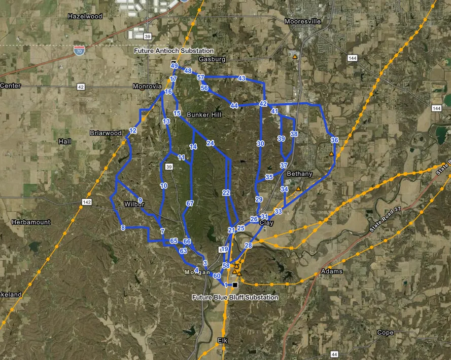 Map of proposed Morgan County transmission line routes in Indiana, showing numbered segments and future substations.